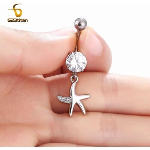 14G Titanium Starfish Pendant Belly Button Ring AAA Zircon Tentacles Dangling Navel Piercing Sweet Woman Beach Bikini Jewelry