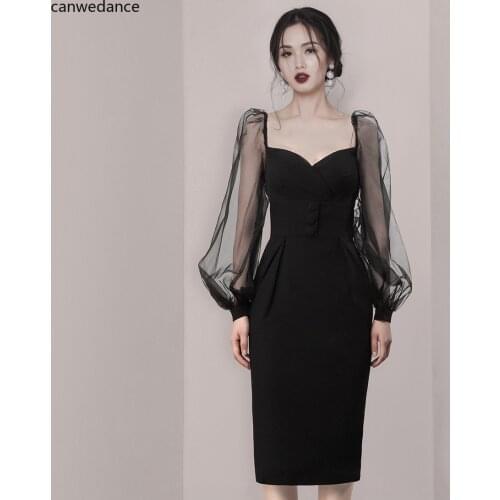 2020 White Day New Simple Girl College Style Sweet Spring Female Splicing Mesh Gauze Bubble Long Sleeve V-neck Black Dress