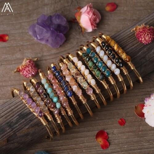 Gold Copper Wire Wrapped Natural Fluorite Tourmaline Amazon Stone Faceted Rondelle Beads Open Cuff Bangle Bracelet Boho Jewelry