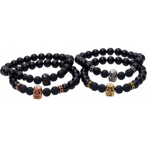 1PCS-10PCS Men Strand Bracelets Punk Jewelry Metal Skull Skeleton Name Charm Black 8mm Matte Natural Beads Beaded Bracelets Gift