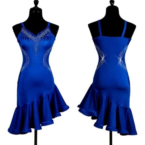 2019 Latin Dance Dress For Women Blue Beveled Lotus Skirt Rumba Salsa Dress Dancer Professional Competitive Latin Dress VDB111