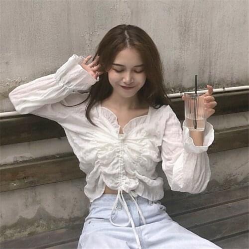 2021 Summer New Lace Women Blouse Solid V-Neck Ruffles Flare Sleeved Short Sexy Office Lady Elegant Pulls Outwear Tops
