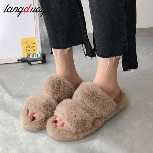 2021 Fluffy Home Slippers Women Faux Fur Slippers Cozy Furry Slides Open Toe Slip on Soft Slippers House Floor Plush Warm Shoes