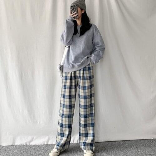 Plaid Pants Womens Casual Chic Oversize High Waist Loose Wide Leg Pants Korean Retro Harajuku Hip Hop All with Casual Pants