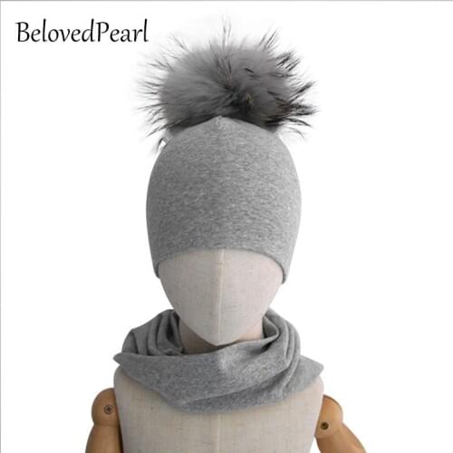 1-5Y Kids Hats and Scarves Set for Girls with Big Real Raccoon Fur Pompoms Boys Beanie Hats and Neckwear Sets
