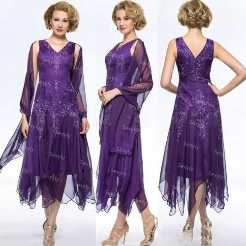 Elegant Purple Tea Length Mother Of The Bride Dresses 2021 Sexy V Neck Beaded Lace Wedding Guest Dress Chiffon Women Evening