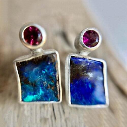 Boho Geometric Deep Sea Blue Stone Stud Earrings Delicate Jewelry Tiny Red Beads Ocean Opal Earring Studs for Party