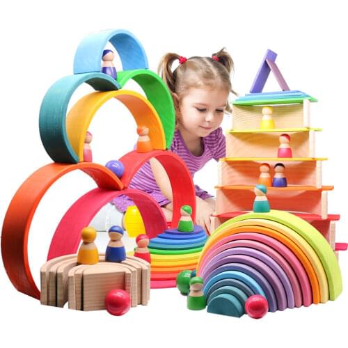 Montessori Rainbow Blocks Baby Wooden Toys Large Rainbow Stacker Creative Building Blocks Wooden Montessori Educational Toys