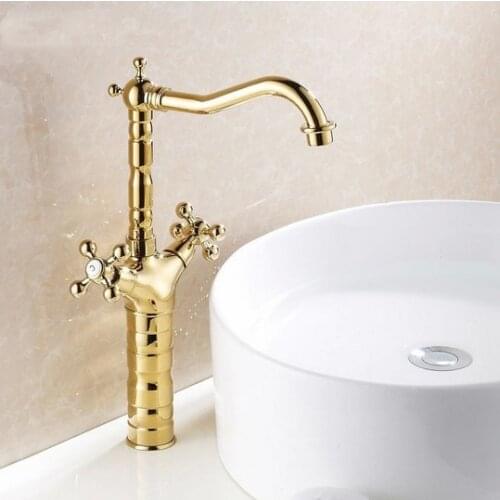 Kitchen Wet Bar Bathroom Vessel Sink Faucet Polished Gold Color Brass Dual Handles Swivel Spout Mixer Tap Single Hole msf094