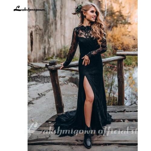 Lakshmigown Black Wedding Dresses With deep v back long sleeves Beach Bride Gowns Robes De Mariee lace dress plus size