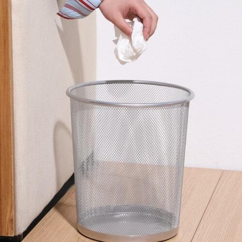 Metal Mesh Round Trash Can Without Lid Office Rubbish Paper Basket Organizer Kitchen Bedroom Simple Waste Bins Cleaning Tools