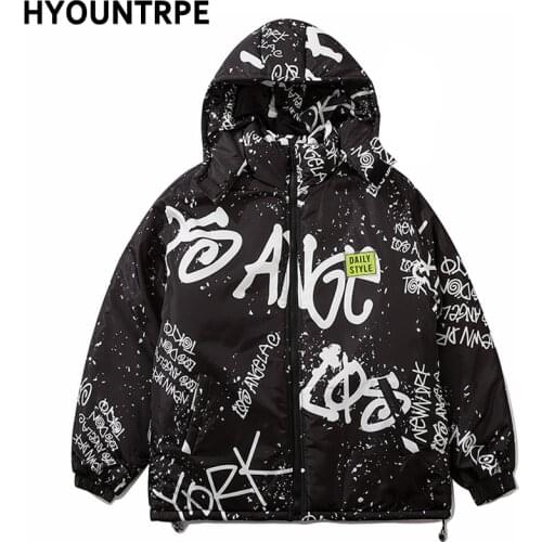 Men Hip Hop Loose Padded Jacket Coat Streetwear Detachable Hooded Graffiti Jacket Parka Cotton Harajuku Warm Jacket Coat Outwear