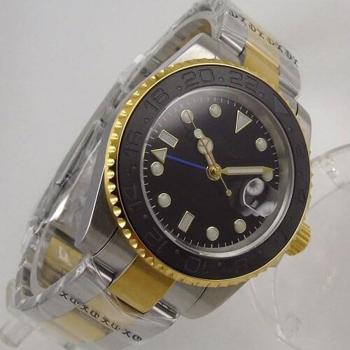 40MM Black Sterile Dial Sapphire Glass Yellow Gold Plated Ceramic Bezel Date Glass Case Back GMT Automatic Mens Wristwatch