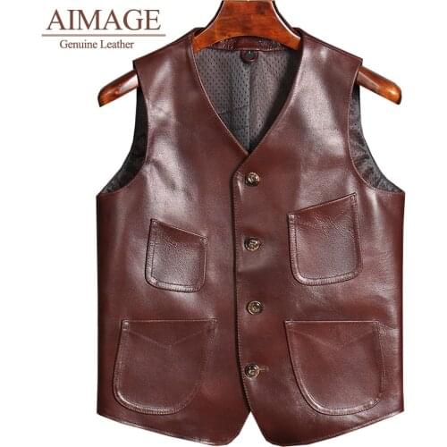 AIMAGE Men Leather Vest 100% Cowhide Motorcycle Vest Biker Leather Vests Moto Leather Waistcoat Asian Size Brown color