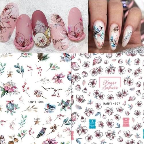 Newest Hanyi 504 507 flower design 3D nail art sticker decal stamping back gule DIY nail decoration wraps