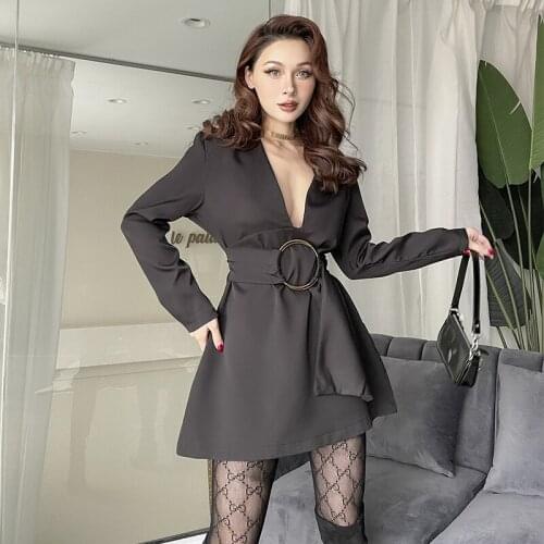 2021 Spring New Fashion Sexy Deep V Neck Long Sleeve Black Dresses Elegant All-Match Collect Waist Slim A-Line Dress for Women