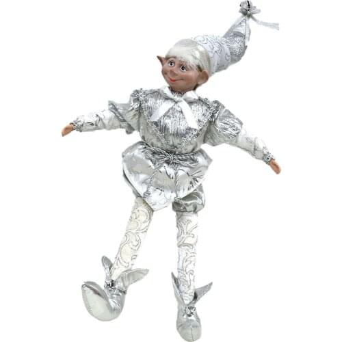 Silver 12" - 20" sizes of elf doll plush toys holiday party supply on a shelf bling bling Christmas tree decoration family gift