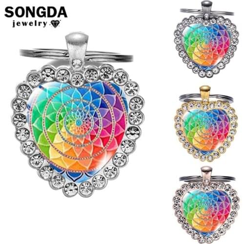 SONGDA Mandala Pattern Glass Art Heart Keychain Charms For Phone Spiritual Sacred Geometry Flowers of Life Key Chain Ring Women