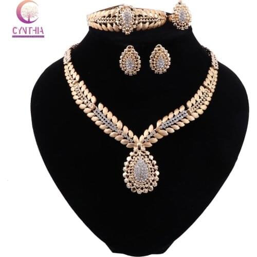 CYNTHIA Exquisite Nigerian Wedding Necklace Earrings Set Women Costume Dubai Gold Color Jewelry Set African Beads Jewelry Set