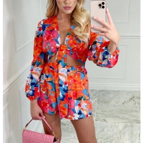 New Summer Women Print Long Sleeve Blouses Beach Sunscreen Top Shirts&Mini Shorts Set Y2K Casual 3 Piece Sets Party Sexy Outfits