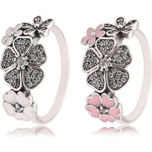 Authentic S925 Shimmering Bouquet Ring White Pink Enamel Clear CZ For Women Wedding Party fit Lady Fine Jewelry