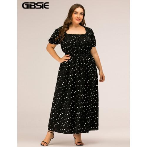 GIBSIE Square Neck Polka Dot Puff Sleeve Dress Women Black Elegant High Waist Dresses 2021 Plus Size A-line Summer Long Dress
