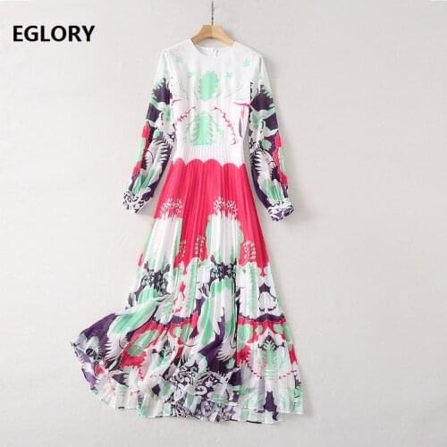 Newest Fashion Long Dress 2021 Spring Summer Clothing Women O-Neck Vintage Floral Print Long Sleeve Pleated Maxi Dress for Party