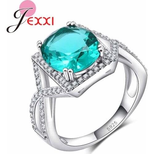 Luxurious Full White Cubic Zirconia Fashion Green Crystal Ring for Women Girls 925 Sterling Silver Wedding Jewelry