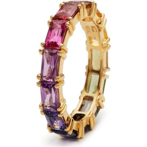 Women Luxury Eternity Wedding Band Ring Princess Rainbow Cut Zircon Fashion Female Jewelry Anniversary Gift Full Square CZ Rings