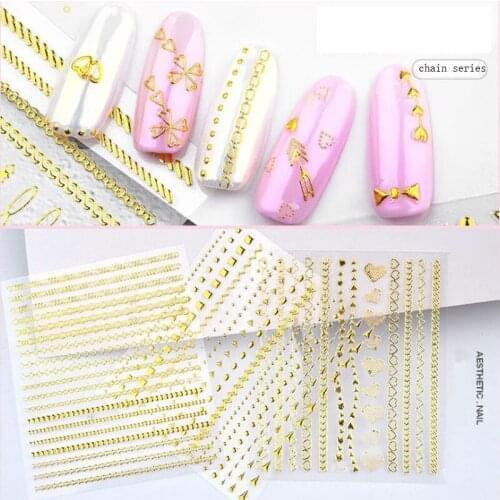 1pcs Gold Bronzing 3D decal chain zipper metal love chain Nail Art Sticker back glueDecal Tool Manicure Foil Nails Accessories