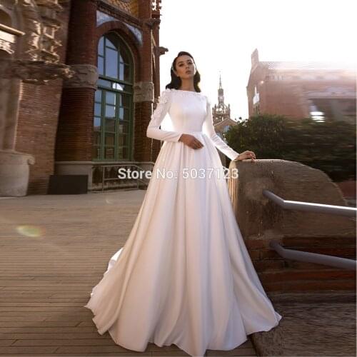 2021 Muslim Long Sleeves Wedding Dresses O Neck Satin A Line Lace Appliques Floor Length Bridal Gowns for Married Vestidos Noiva
