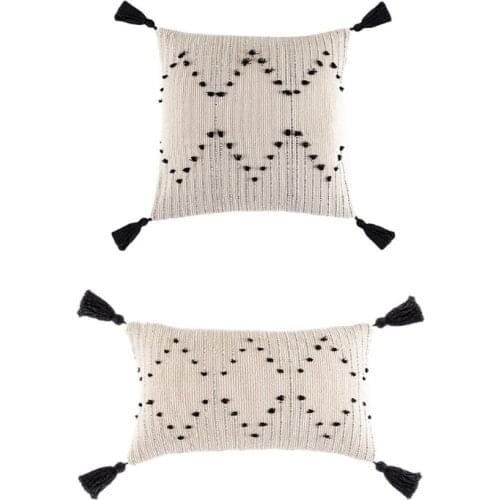 50LB Nordic Modern Minimalist Throw Pillow Case Farmhouse Black Cream Geometric Tufted Tassels Decorative Woven Cushion Cover