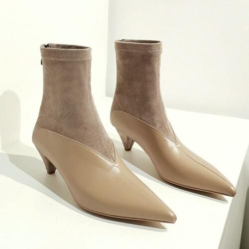 EshtonShero Shoes Woman Women Ankle Boots Thin Med Heels Flock Leather Platform Classic Ladies Motorcycle Sock Boots Size 3-8