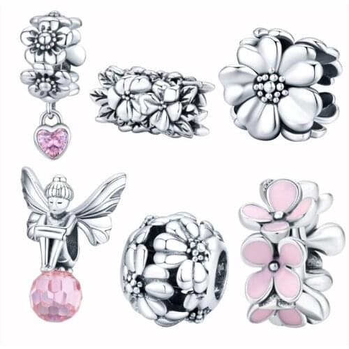 Bouquet Charms BISAER 925 Sterling Silver Wildflower Meadow Beads Charm original silver 925 Jewelry Making ECC1488