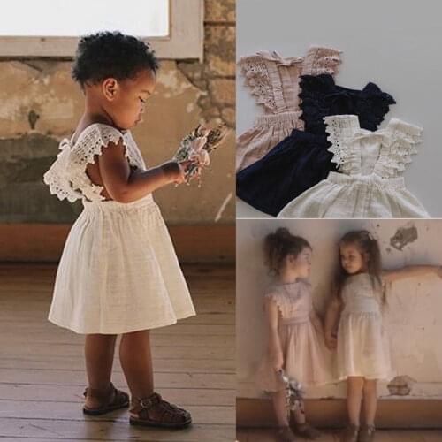 Kids Baby Girls Cotton Linen Lace Sleeve Dress Floral Party Sleeveless Solid Dress Girl Fashion Clothes for Girls Dresses
