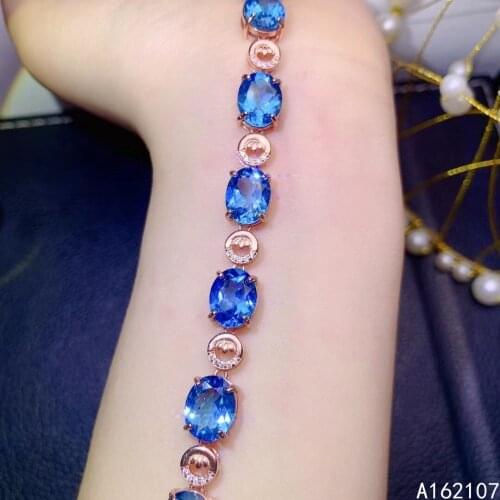 Exquisite Jewelry 925 Sterling Silver Natural Blue Topaz Girl Luxury Classic Oval OL Style Gem Hand Bracelet Support Detection