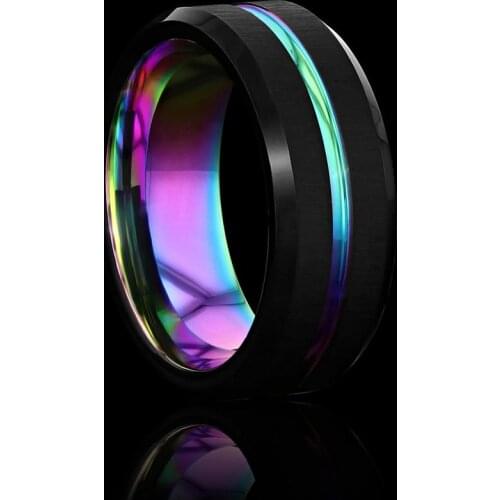 Fashion 8MM Men Rainbow Tungsten Carbide Ring Thin Colorful Line Groove Beveled Edge Carbon Fiber Ring Wholesale Wedding Band