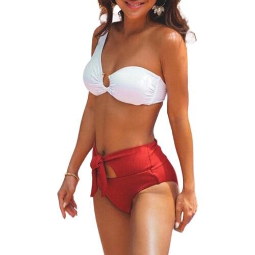 Women Bikini, No-Pad Swimsuit, Hollow Ring One Shoulder Beach Pool Party High Waist Shorts 2pcs Wear