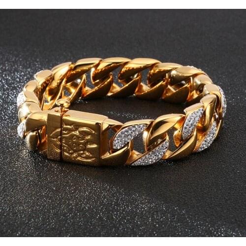Hip Hop Curb Cuban Link Chain Men Bracelet Zircon Charm Rock Stainless Steel Punk Male Wristband Jewlery