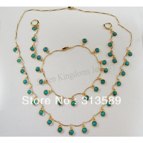 GREAT BLUE STONE CHARMS NECKLACE BRACELET EARRING SET YELLOW GOLD GP OVERLAY GREAT GIFT