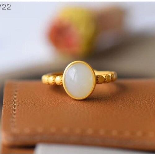 New S925 Sterling Silver Inlaid Hetian Jade Simple Single-Sided Ring Hollow Design Ancient Gold Craft Simple Fashion