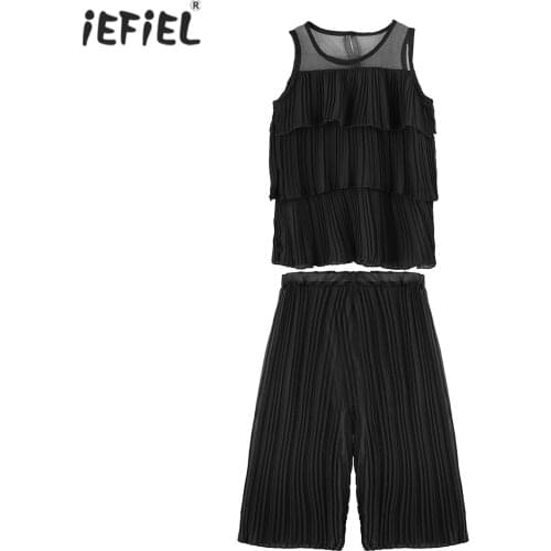 Chiffon Teen Kids Girls Clothes Set Summer Sleeveless Pleated Tops + Pants 2Pcs Tracksuit Outfits Children Casual Clothing Sets