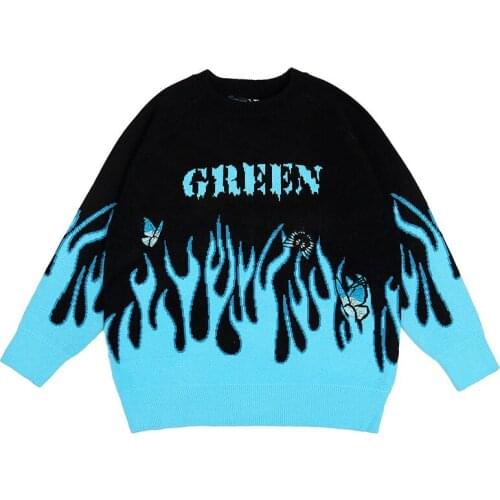 Sweater Men Streetwear Retro Flame Pattern Hip Hop Autumn New Pull Over Spandex O-neck Oversize Couple Casual Mens Sweaters
