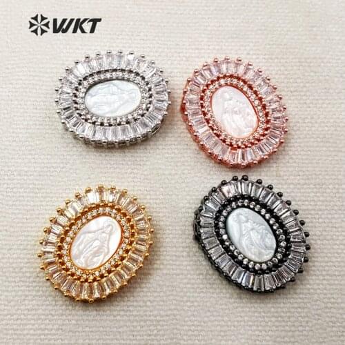 WKT WT-MP068 Holy Mother Maria Ave Maria Shell Pattern Cubic Zirconia Pave Charm 4 Color Metal Plated Necklace Pendant