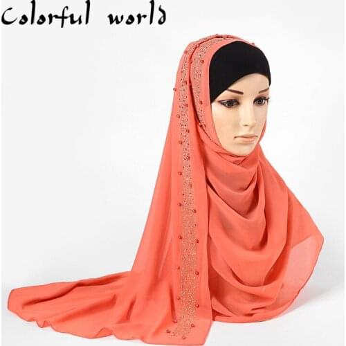 2020 New Hijab Scarf Muslim Lady Islam Clothing Turkish Shawl Headscarves New Pearl Chiffon hijabs Wholesale Hot Drilling Scarf