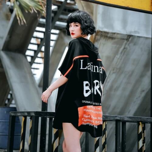 Women Hip Hop Loose T shirt Hooded Ladies Summer Short Sleeve T-Shirt Letter Pattern Streetwear Oversize