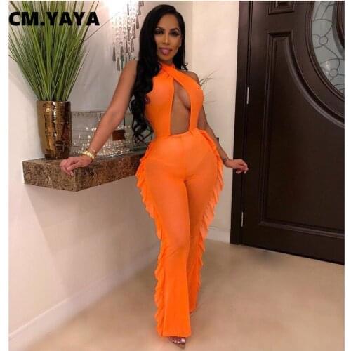 CM.YAYA Women Halter Cross Neck Backless Jumpsuit Sexy Beach Mesh See Though Romper Overall Bodycon Outfit Playsuit 3 Color