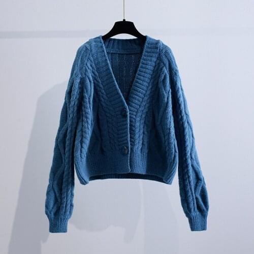 Vintage Knitted Solid Women Sweater Cardigan Winter 2021 V-Neck Long-Sleeved Short Empired Thicken Warm Female Outwear Coats