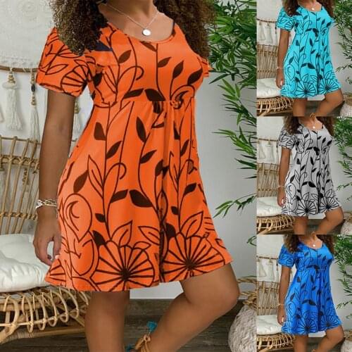 Women Dress Bohemian Casual O Neck Short Sleeve Leaves Print Loose Streetwear A-line Dress Ladies Beach Casual Mini Dresses