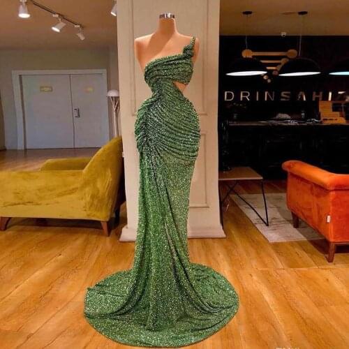 Vestido de fiesta Glitter Green Evening Dresses Sexy Mermaid Long Dubai Arabic Sequin Formal Evening Gowns Pleated
